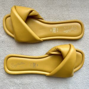 Seychelles Anthropologie Breath of Fresh Air Slide Sandals Mustard Yellow US 8.5